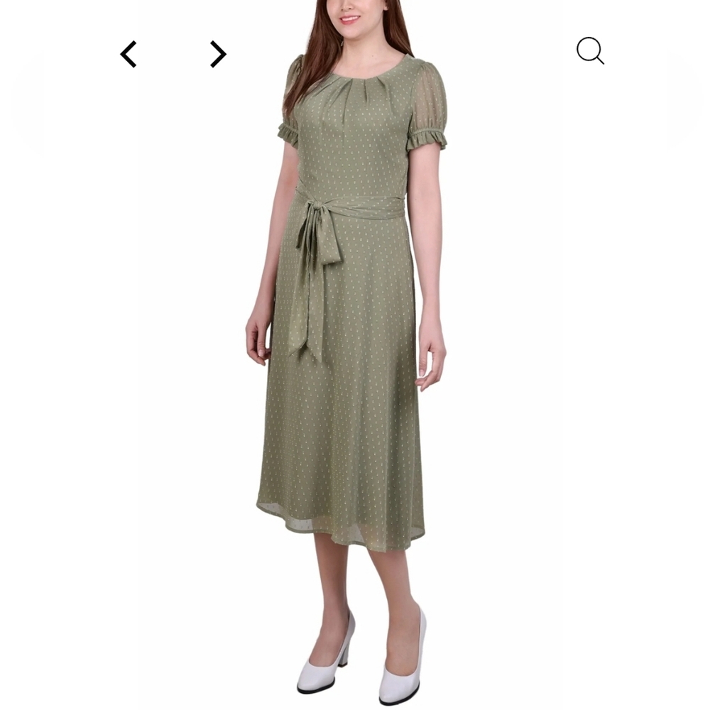 NWT NY Colllection Green Swiss Dot Short Puff Sleeve Midi Dress with Belt Sz PL